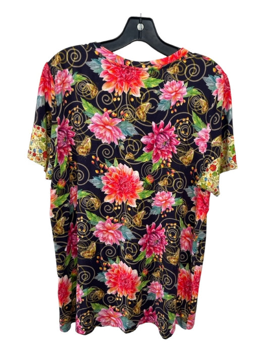 Johnny Was Size L Black Pink Green Bamboo Blend Floral Short Sleeve Swirl Top Black Pink Green / L