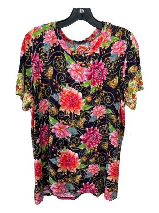 Johnny Was Size L Black Pink Green Bamboo Blend Floral Short Sleeve Swirl Top Black Pink Green / L