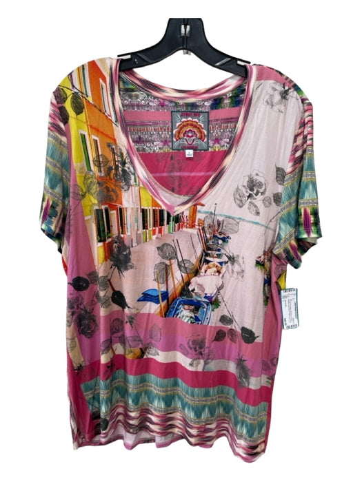 Johnny Was Size L Pink green Orange Bamboo V Neck Abstract Short Sleeve Boat Top Pink green Orange / L