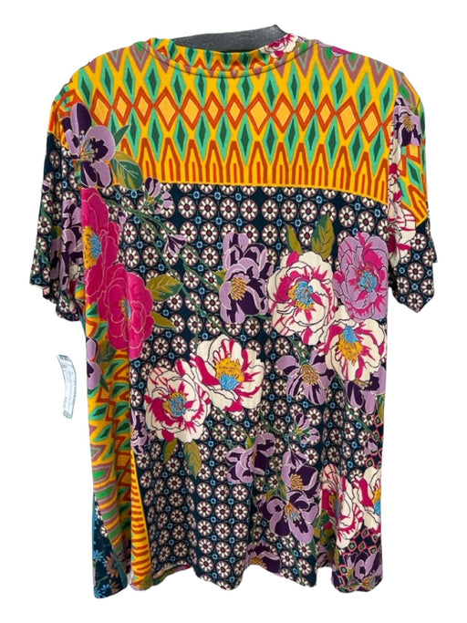 Johnny Was Size L Navy Pink Yellow Green Bamboo Blend Floral Short Sleeve Top Navy Pink Yellow Green / L