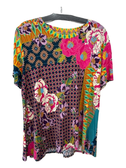 Johnny Was Size L Navy Pink Yellow Green Bamboo Blend Floral Short Sleeve Top Navy Pink Yellow Green / L