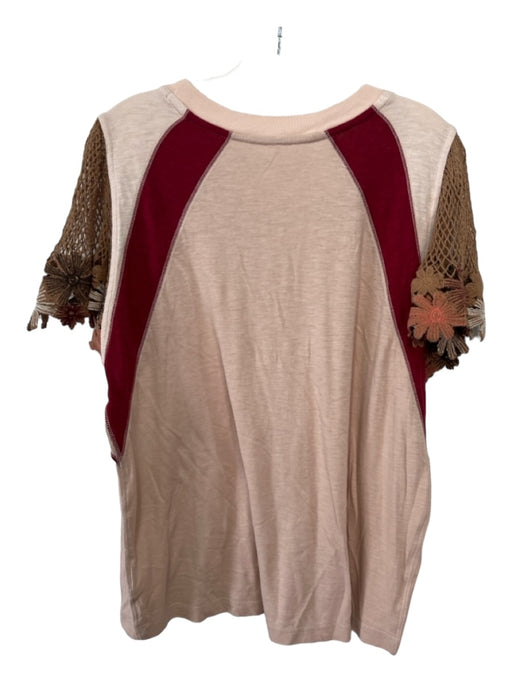 Free People Size L Pink & Brown Cotton Blend Round Neck Print Detail Top Pink & Brown / L