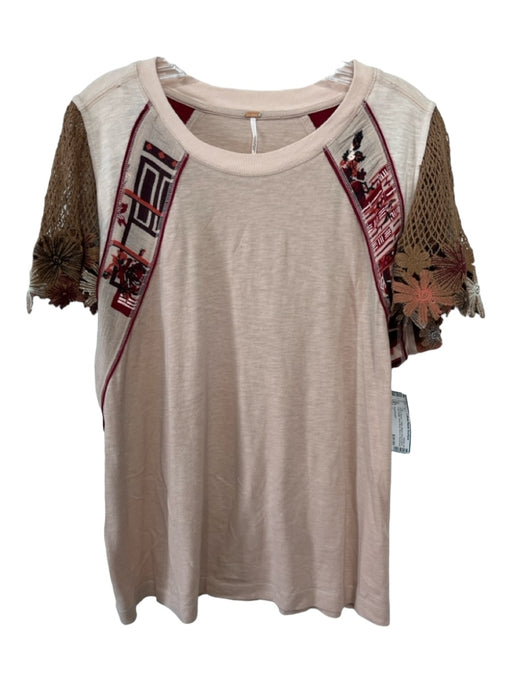 Free People Size L Pink & Brown Cotton Blend Round Neck Print Detail Top Pink & Brown / L