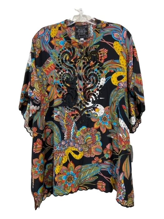 Johnny Was Jade Size L Black & Multi Silk Abstract Floral Button Front Top Black & Multi / L