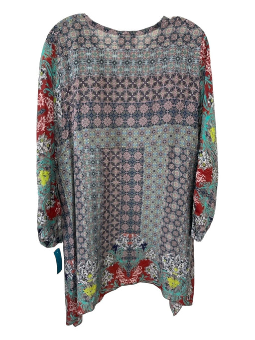 Johnny Was Size L Gray Red Blue Cupro Printed Floral 3/4 Sleeve Tunic Top Gray Red Blue / L