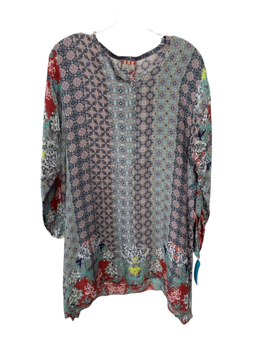 Johnny Was Size L Gray Red Blue Cupro Printed Floral 3/4 Sleeve Tunic Top Gray Red Blue / L