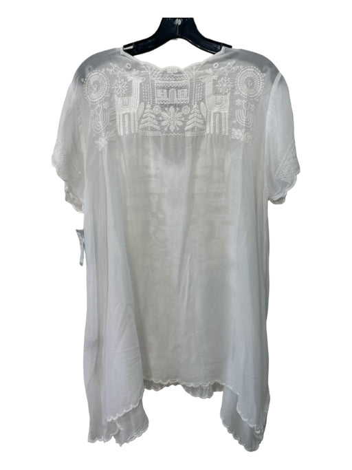 Johnny Was Size L White Curpo Embroidered U Neck Drop Shoulder Scalloped Hem Top White / L