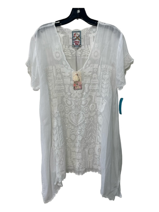 Johnny Was Size L White Curpo Embroidered U Neck Drop Shoulder Scalloped Hem Top White / L