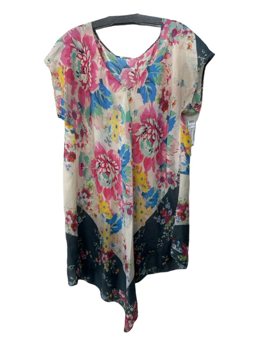 Johnny Was Size L Gray Beige & Multi Silk Floral V Neck Drop Shoulder Top Gray Beige & Multi / L