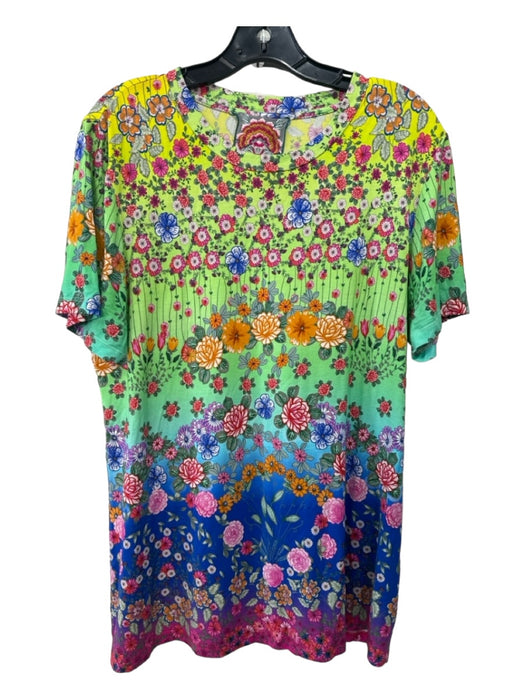 Johnny Was Size L Green Orange Pink Print Bamboo Blend Floral Round Neck Top Green Orange Pink Print / L