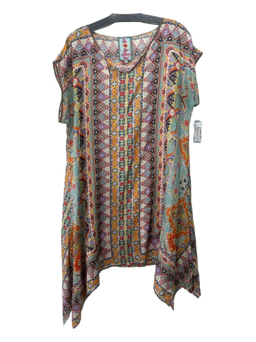 Johnny Was Size M White Blue Yellow Pink Silk Printed Drop Shoulder Shift Dress White Blue Yellow Pink / M