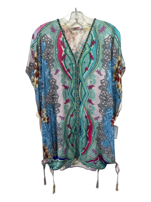 Johnny Was Size L Blue Purple Green Silk V Neck Floral Cold Shoulder Top Blue Purple Green / L