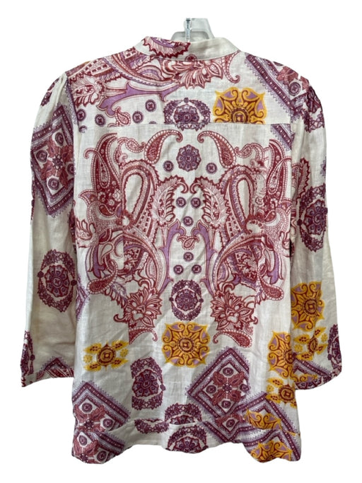 Robert Graham Size L Beige Purple Orange Linen Paisley Round Split Neck Top Beige Purple Orange / L