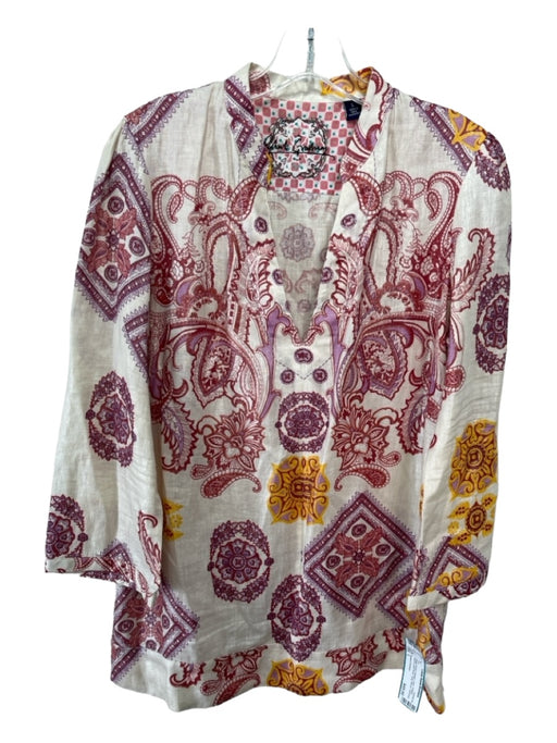 Robert Graham Size L Beige Purple Orange Linen Paisley Round Split Neck Top Beige Purple Orange / L