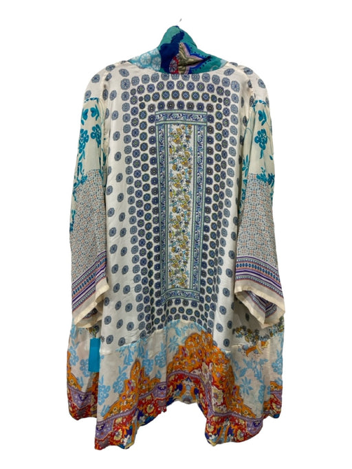 Johnny Was Size L White Blue & Multi Silk Floral Long Sleeve Tie Detail Cardigan White Blue & Multi / L