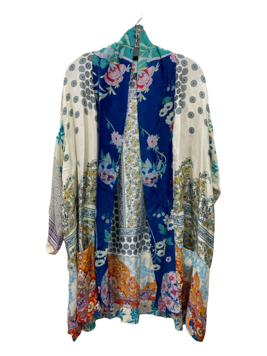 Johnny Was Size L White Blue & Multi Silk Floral Long Sleeve Tie Detail Cardigan White Blue & Multi / L