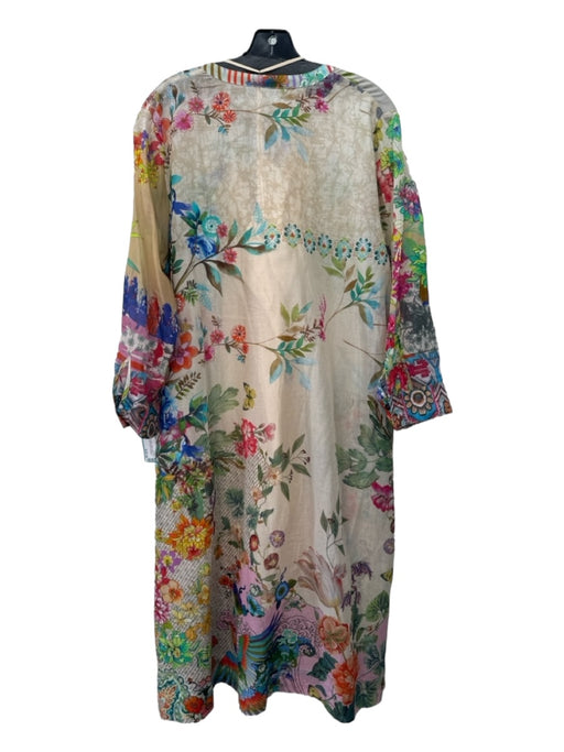 Johnny Was Size L White & Multi Cotton Floral Sheer 3/4 Sleeve Shift Dress White & Multi / L