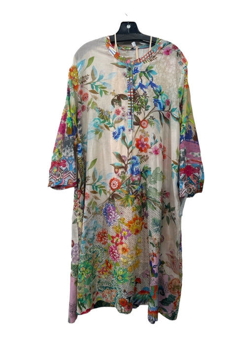 Johnny Was Size L White & Multi Cotton Floral Sheer 3/4 Sleeve Shift Dress White & Multi / L