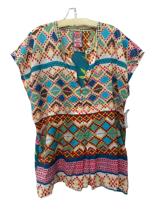 Johnny Was Size L Blue White & Multi Cotton Geometric Round Split Neck Top Blue White & Multi / L