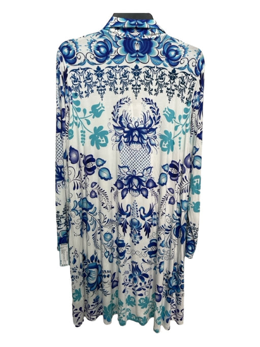 Johnny Was Size L White & Blue Viscose Floral Collared V Neck Long Sleeve Dress White & Blue / L