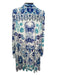 Johnny Was Size L White & Blue Viscose Floral Collared V Neck Long Sleeve Dress White & Blue / L