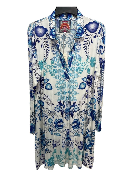 Johnny Was Size L White & Blue Viscose Floral Collared V Neck Long Sleeve Dress White & Blue / L