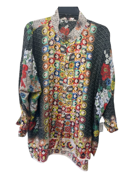 Johnny Was Size L Black White & Multi Silk Collared Button Up 3/4 Sleeve Top Black White & Multi / L