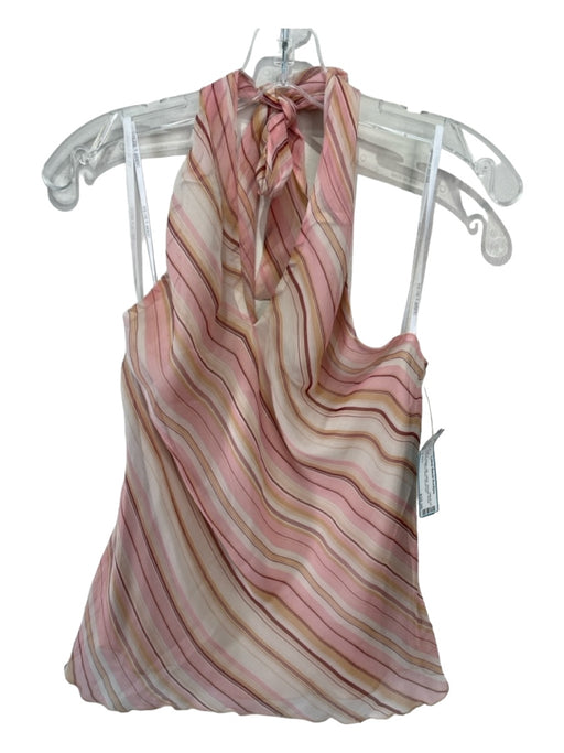 Laundry Size L Pink & Beige Silk Halter Striped Sheer Overlay Open Back Top Pink & Beige / L