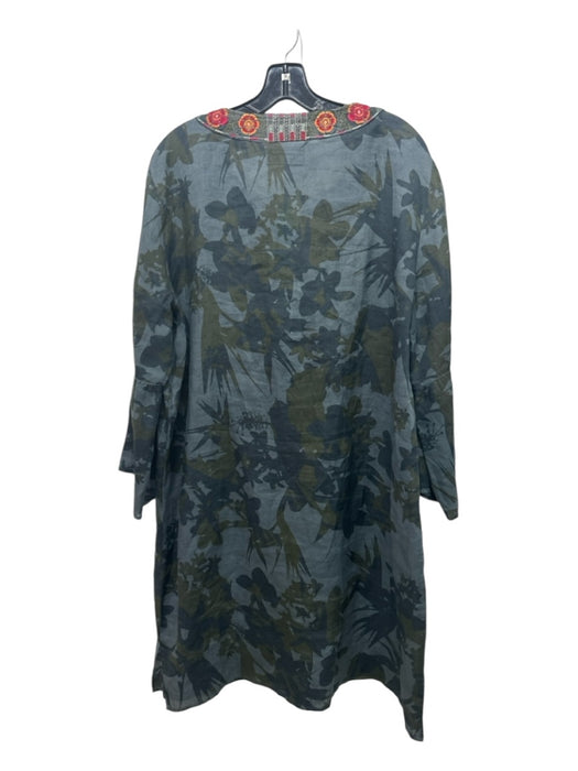 Johnny Was Workshop Size L gray & green Ramie Abstract Floral 3/4 Sleeve Dress gray & green / L