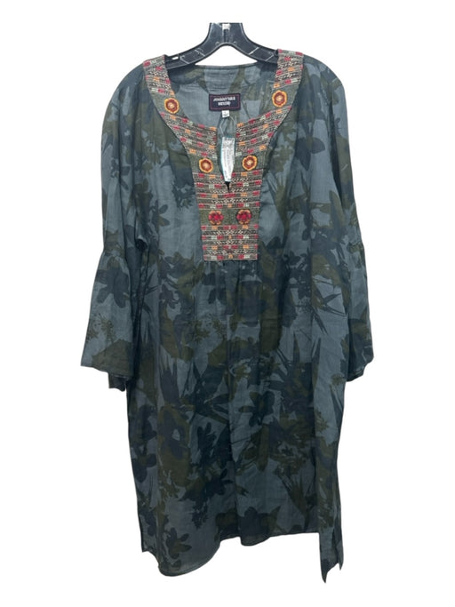 Johnny Was Workshop Size L gray & green Ramie Abstract Floral 3/4 Sleeve Dress gray & green / L