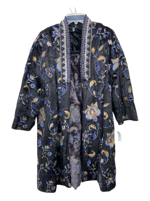 Blank London Size L Black & Blue Print Viscose Knee Length Open Front Coat Black & Blue Print / L