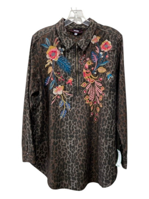 Johnny Was Workshop Size L Brown & Multi Cotton Half Bow Embroidered Tunic Top Brown & Multi / L