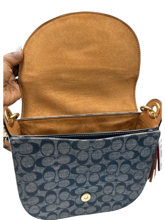 Coach Navy Blue & Brown Leather & Canvas Flap Monogram Gold Hardware Tassel Bag Navy Blue & Brown / Medium