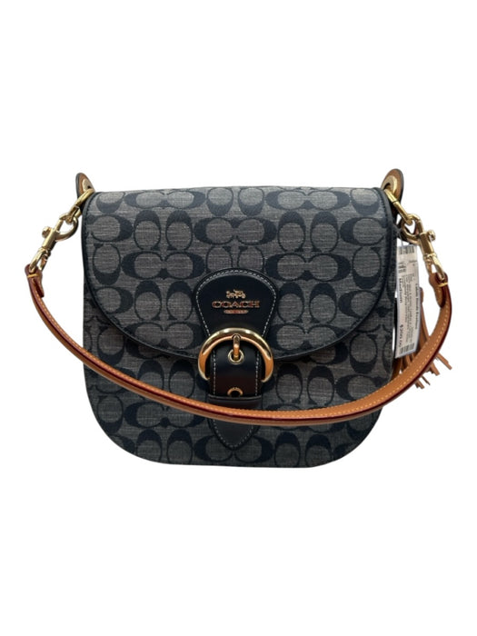 Coach Navy Blue & Brown Leather & Canvas Flap Monogram Gold Hardware Tassel Bag Navy Blue & Brown / Medium