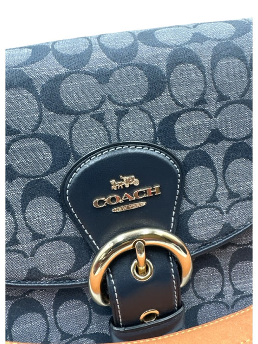 Coach Navy Blue & Brown Leather & Canvas Flap Monogram Gold Hardware Tassel Bag Navy Blue & Brown / Medium
