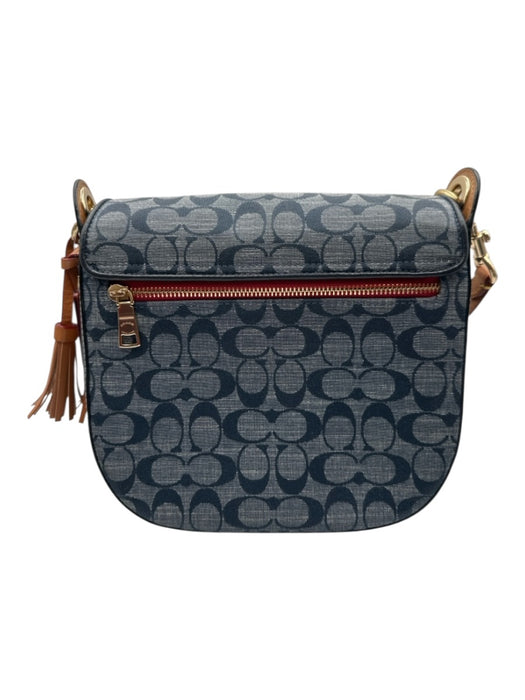 Coach Navy Blue & Brown Leather & Canvas Flap Monogram Gold Hardware Tassel Bag Navy Blue & Brown / Medium