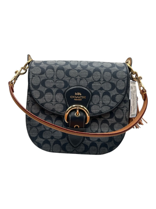 Coach Navy Blue & Brown Leather & Canvas Flap Monogram Gold Hardware Tassel Bag Navy Blue & Brown / Medium