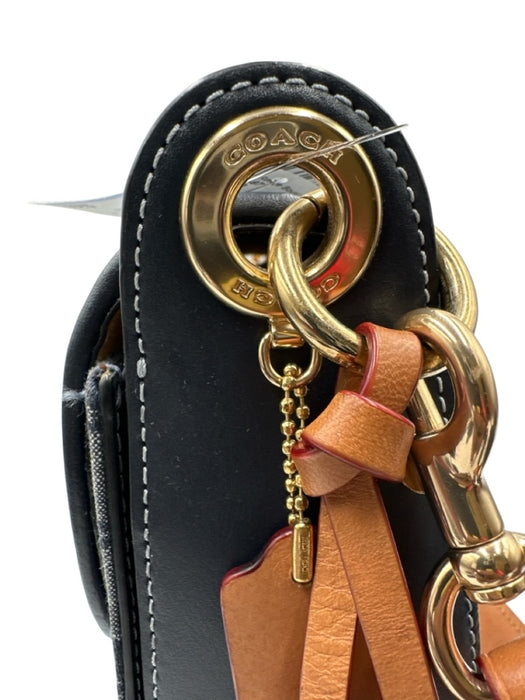 Coach Navy Blue & Brown Leather & Canvas Flap Monogram Gold Hardware Tassel Bag Navy Blue & Brown / Medium