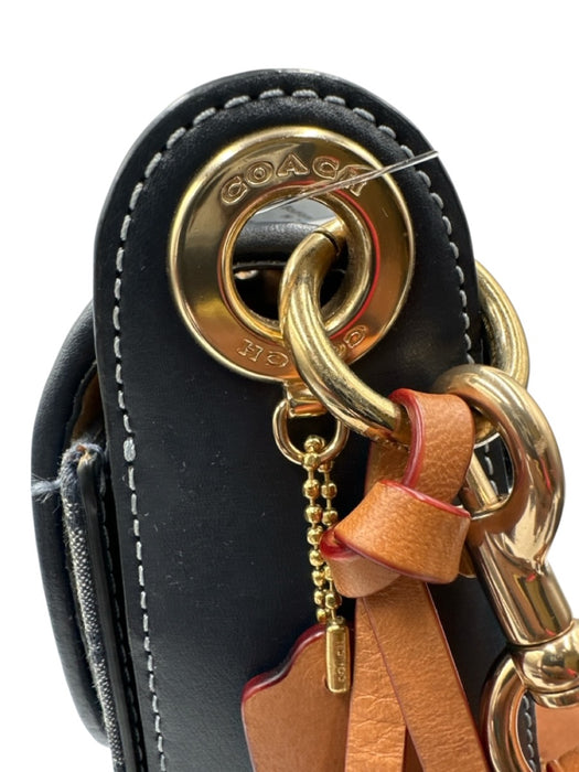Coach Navy Blue & Brown Leather & Canvas Flap Monogram Gold Hardware Tassel Bag Navy Blue & Brown / Medium