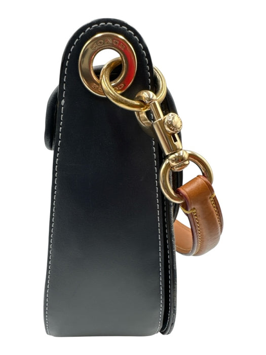 Coach Navy Blue & Brown Leather & Canvas Flap Monogram Gold Hardware Tassel Bag Navy Blue & Brown / Medium
