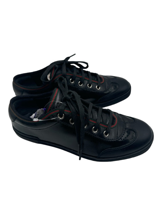 Gucci Shoe Size 35 Black, Red, Green Leather & Canvas Lace Up Low Top Sneakers Black, Red, Green / 35