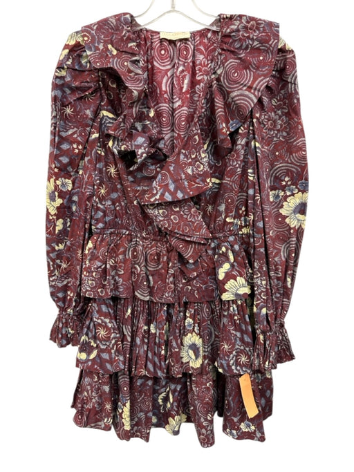 Ulla Johnson Size 2 Burgundy Red, Cream, Blue Cotton Long puff sleeve Mini Dress Burgundy Red, Cream, Blue / 2