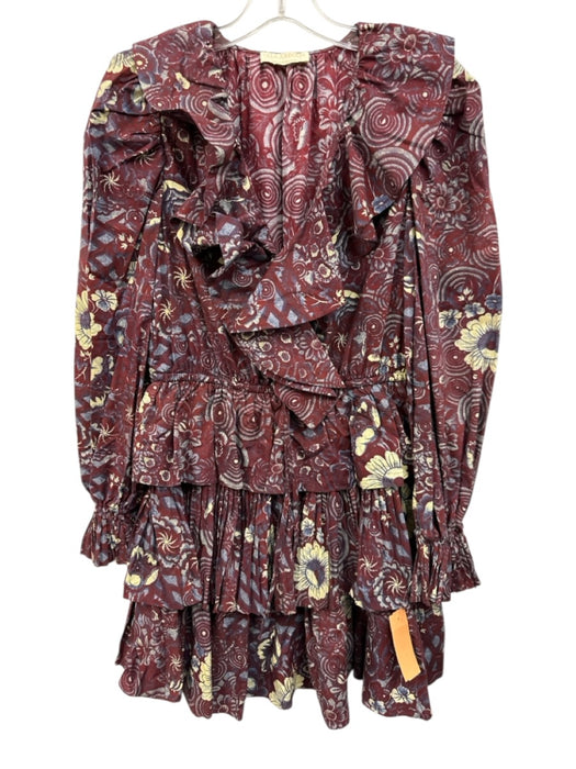 Ulla Johnson Size 2 Burgundy Red, Cream, Blue Cotton Long puff sleeve Mini Dress Burgundy Red, Cream, Blue / 2