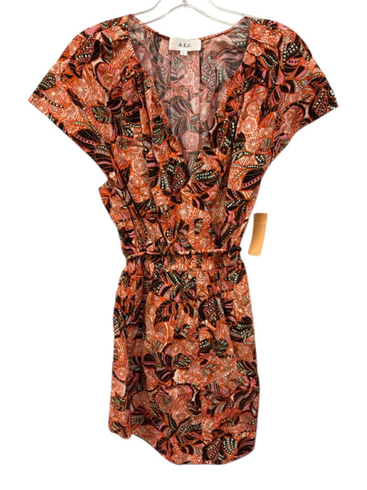A.L.C. Size 4 Orange, Black, Green Cotton Cap Sleeve Abstract Print V Neck Dress Orange, Black, Green / 4
