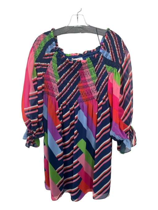 Trina Turk Size L Navy & Multi Polyester Blend Striped Square Neck Dress Navy & Multi / L