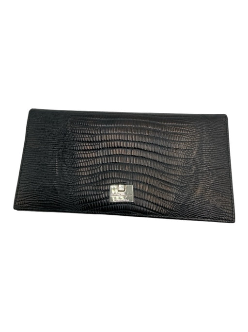 Salvatore Ferragamo Black Leather Top Flap Reptile Embossed Snap Closure Wallets Black