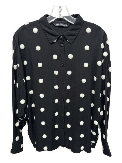Zara Size L Black & White Viscose Long Sleeve Polka Dot Buttons Blouse Top Black & White / L