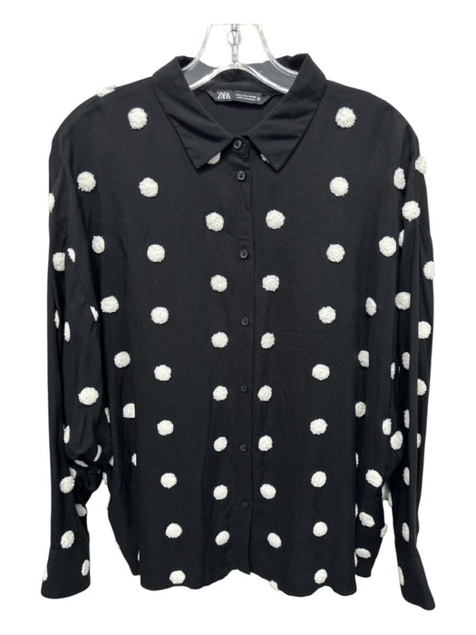 Zara Size L Black & White Viscose Long Sleeve Polka Dot Buttons Blouse Top Black & White / L