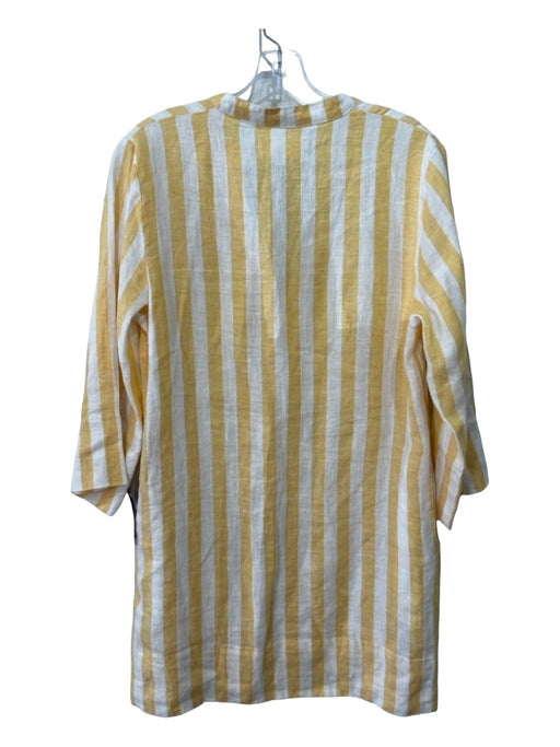 Trovata Size XS White & yellow Linen 3/4 Sleeve Striped Split Neck Pockets Dress White & yellow / XS