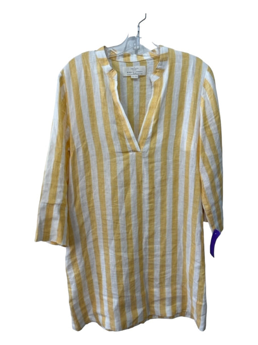 Trovata Size XS White & yellow Linen 3/4 Sleeve Striped Split Neck Pockets Dress White & yellow / XS